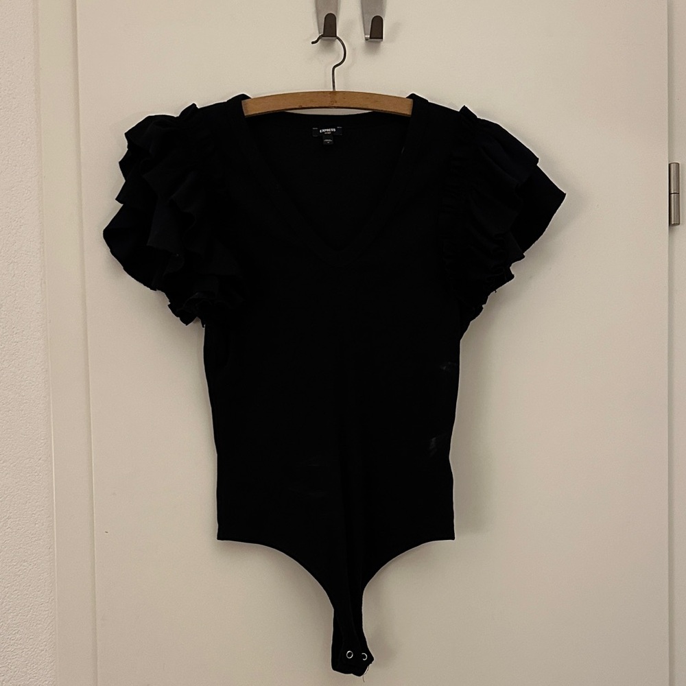 Express Black Ruffle Sleeve Bodysuit M